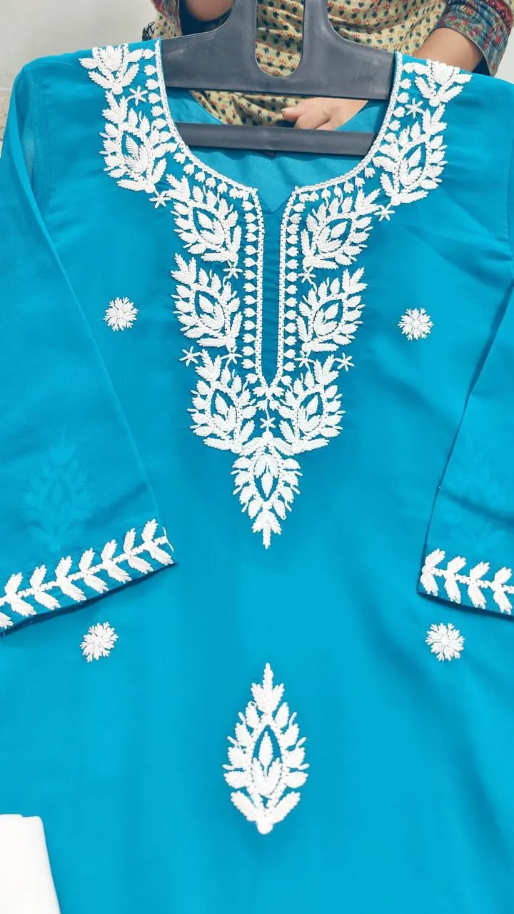 Women's Blue Georgette Lucknowi Chikankari Kurta Palazzo Set