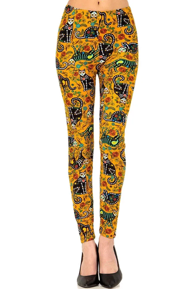 Women's Plus Cat Sugar Skull Pattern Printed Leggings